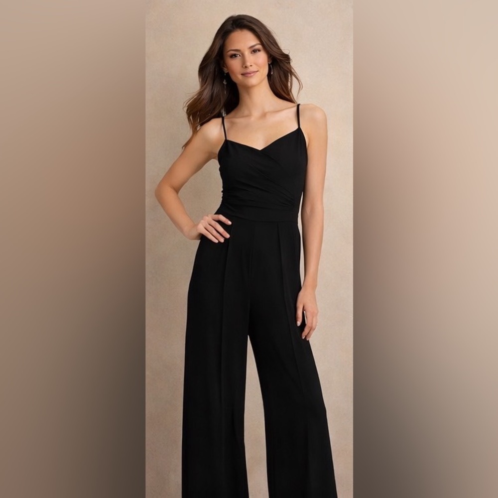 White House Black Market Black Jumpsuit (S) Ruched Wide Leg Elegant Evening - Picture 2 of 5